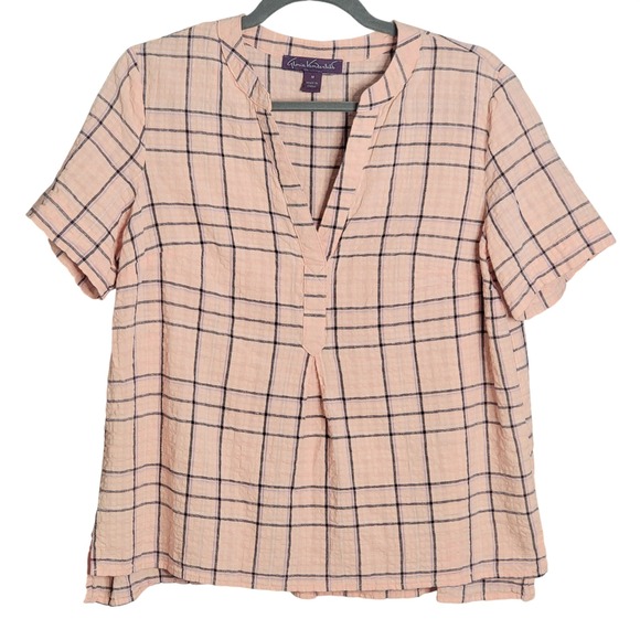 Gloria Vanderbilt Tops - Gloria Vanderbilt Blouse Womens Medium Pink Plaid Short Sleeve V-Neck Seersucker